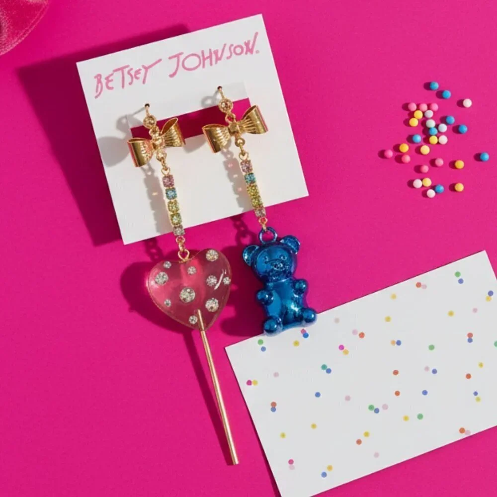 Betsey Johnson Asymmetrical Gummy Bear Heart Lollipop Earrings - New on Card - Picture 1 of 5